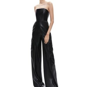 Alice + Olivia Faux Leather Black Strapless Cargo Jumpsuit Wide-Leg - New